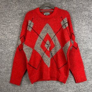 VINTAGE Agenda‎ Argyle Sweater Red Gray Wool Small Menswear Classic Pattern